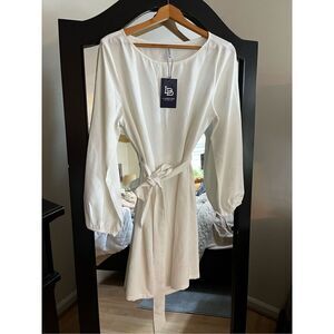 LILBETTER Elegant L/S Short Dress Boatneck Tie Waist L